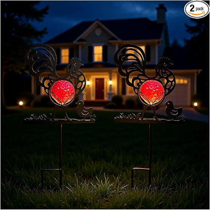 Rooster Solar Lights Outdoor Decorations, 2 Pack Metal Iron Solar Stake Lights for Yard, Garden, Lawn Decor