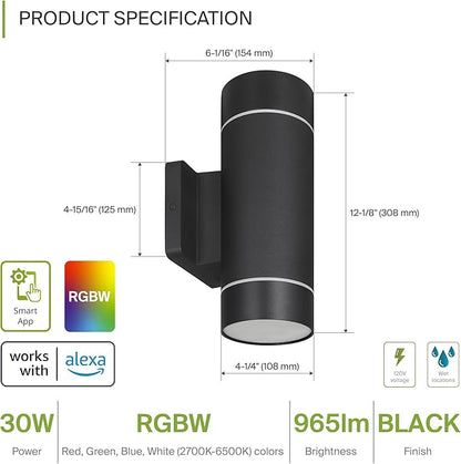 ASD 2 Light Smart RGBW LED Indoor & Outdoor Wall Light Fixture | 30W 900LM 2700K-6500K 120V Cylinder Up Down Lights | Waterproof Exterior Wall Sconce | Front Door, Porch, Patio | Black, ETL 2 Pack