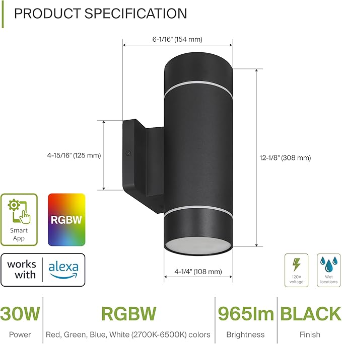 ASD 2 Light Smart RGBW LED Indoor & Outdoor Wall Light Fixture | 30W 900LM 2700K-6500K 120V Cylinder Up Down Lights | Waterproof Exterior Wall Sconce | Front Door, Porch, Patio | Black, ETL