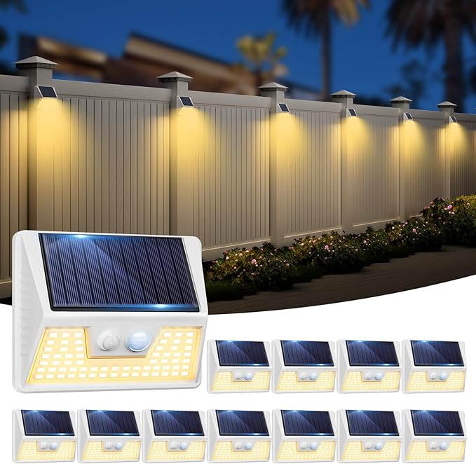 12 Pack Solar Lights Outdoor Motion Sensor, Waterproof Fence Lights with 3 Lighting Mode, Warm White LED Deck | Lumora
