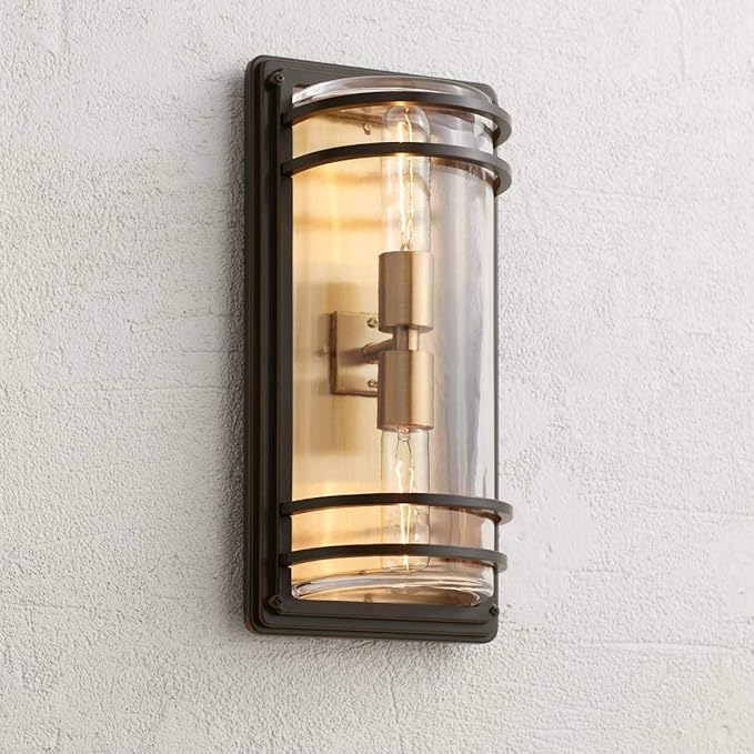 John Timberland Habitat Modern Industrial Outdoor Wall Light Fixture Bronze Warm Brass Steel 16" Clear Glass for Exterior House Porch Patio Outside Deck Garage Yard Front Door Garden Home