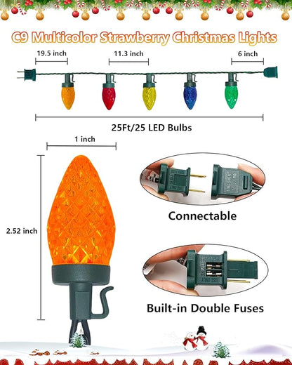 25FT Vintage Christmas Lights Outdoor, C9 LED Multicolor String Light with 25 Shatterproof Strawberry Fairy Lights, Plug-in Christmas Tree Light for Outside Garden Roofline Patio Home Decor