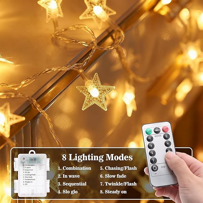 Star String Lights, 33ft 100 LED 8 Modes Star Fairy Lights Battery Operated Waterproof Indoor Outdoor for Bedroom Patio Party Wedding Tent Loft Bed Xmas Tree Decor, Warm White