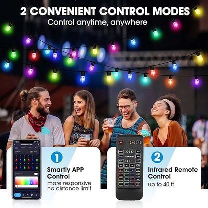 2023 Upgraded Outdoor String Lights, DIY Color Changing RGB Bright Smart Light 50ft Work with Alexa & Remote for Party, IP65 Waterproof Outside Patio String Light with 15 Dimmer LED Bulbs