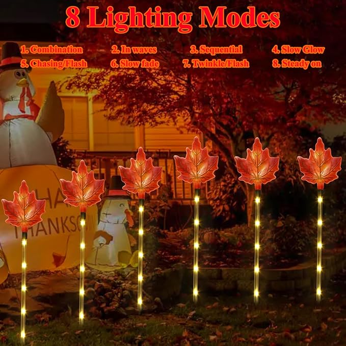 Fall Decor Solar Pathway Lights Outdoor Thanksgiving Decorations, 6 Pack Fall Leaves Solar Thanksgiving Maple Leaf Garden Stake Lights for Outside Patio Yard Wedding Party Autumn Decor
