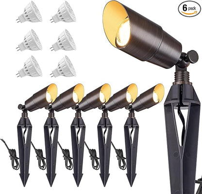 Solid Brass Outdoor Landscape Spotlight 12V Wired Low Voltage Spot Lights with 5W MR16 LED Bulb Warm White, Waterproof IP67 Outdoor Spot Lights for Yard & Garden 12V Landscape Lights 6-Pack