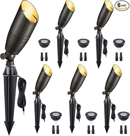 Gardenreet Low Voltage Spot Lights - Solid Brass Landscape Spotlight Wired, 12V Outdoor LED Bullet Uplights, Waterproof Electric Bronze for Patio Wall with 4000K Bright White MR16 Bulb (6 Pack)