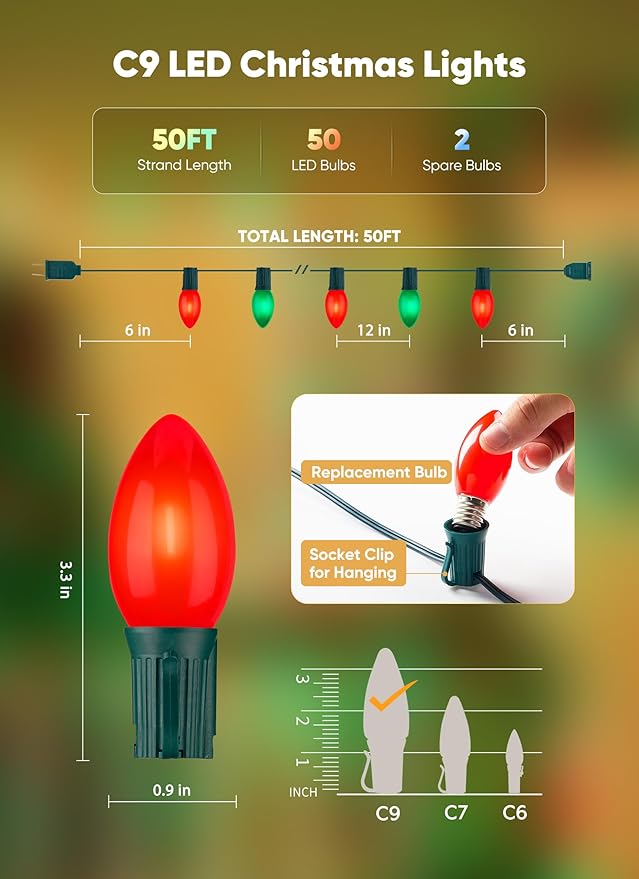 Minetom Vintage C9 LED Christmas Lights Outdoor, 50 Feet C9 String Lights with 50 Shatterproof Matte Bulbs | Lumora