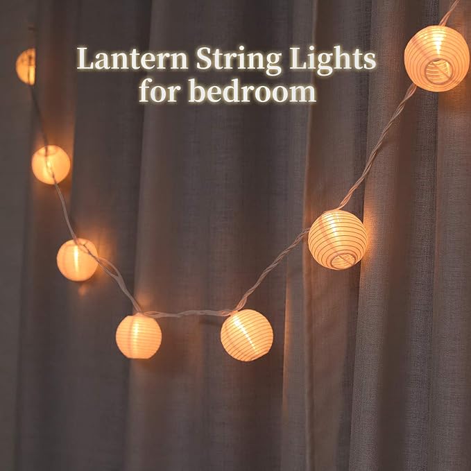 Lantern String Lights Plug in, Outdoor White Lights String 9.83FT Pack of 10 Nylon Lantern String Lights for Patio,White Lights String for Bedroom(Lanterns Need Simple Assembly)