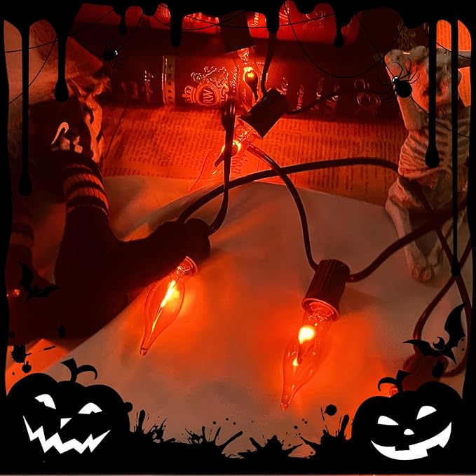 C18 Flickering Flame String Lights, 10Ft Halloween Decorations String Lights with 10 Flickering Flame Bulbs for Outdoor Garden Yard Home Halloween Party, Clear Orange- Black Wire
