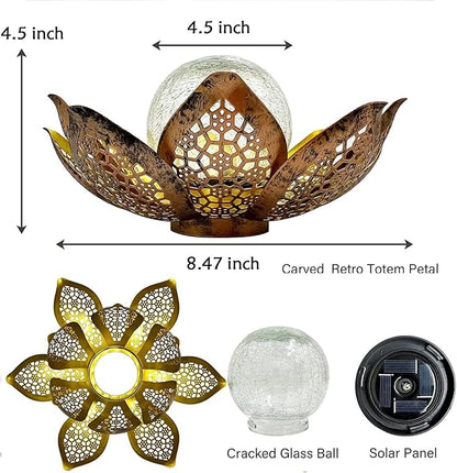 DUSVALLY Lotus Solar Light Outdoor Garden Decoration for Patio, Lawn, Walkway, Tabletop, Waterproof Metal Lotus & Glass Globe Emit Crackle Light, Golden