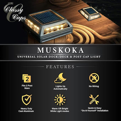 Classy Caps Muskoka Universal Solar Light, SLD505B, Warm and Cool Light Modes, Fits 3.5x3.5 & 4x4 Posts, Black Aluminum, Solar-Powered, Auto On, Durable Design, Ideal for Posts, Paths, Gardens
