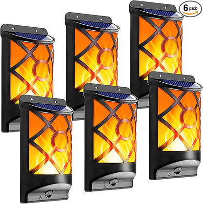 6 Pack Solar Flame Lights Outdoor - Realistic 3D Flickering Flames Wall Lantern with 66 Ultra-Bright LEDs - Waterproof Auto On/Off Fire Effect Garden Decor Lighting for Fence, Patio