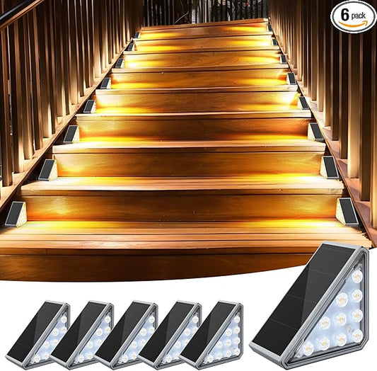 6 Pack Solar Stair Lights Outdoor Stair Lights with Waterproof IP67 LED Solar Light for Outside Light Decor for Deck, Front Step, Front Porch, Patio, Garden and Backyard