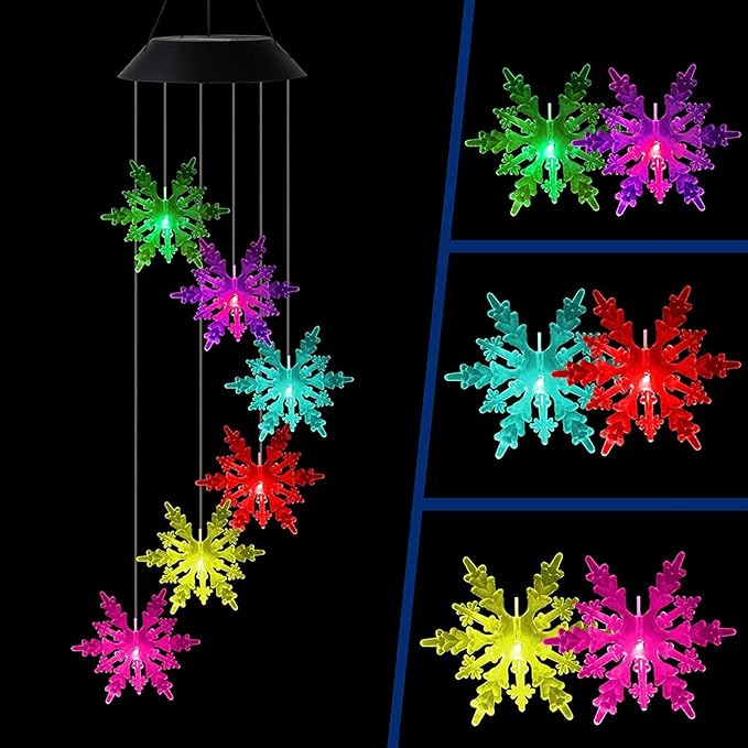 Outdoor Waterproof Solar Snowflake Wind Chime Light 6 LEDs Colorful Snowflake Garden Decorative Light for Walkway Patio Yard Hanging Solar Lights