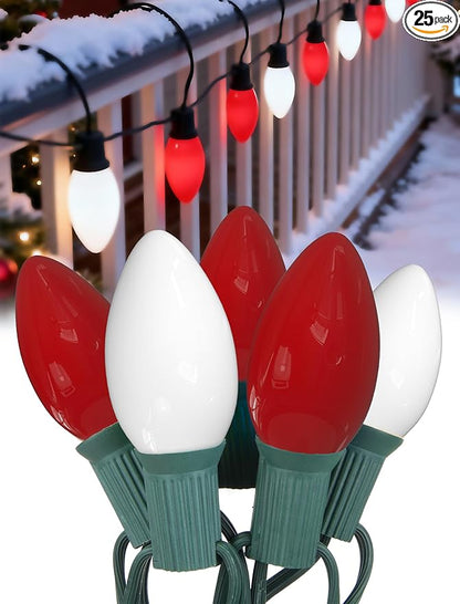 25FT C9 Christmas Lights Outdoor,Red and White C9 Christmas Lights with 26 Ceramic Bulbs(1 Spare), Connectable Incandescent Xmas Light for Indoor Outdoor Party Home Decor,Green Wire