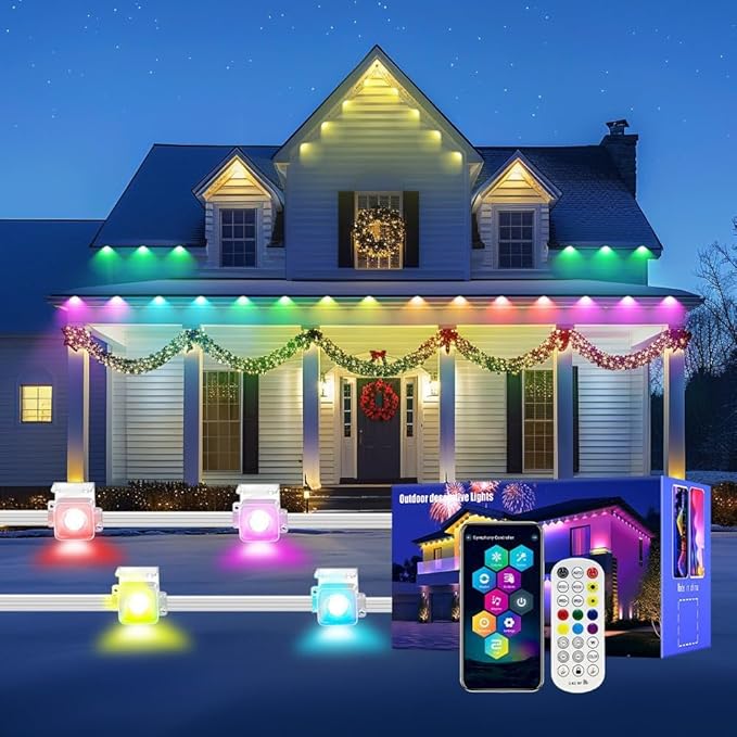Permanent Outdoor Lights, 100FT RGB LED Smart Eaves Lights with 60 LEDs, IP67 Waterproof, Remote/APP Control, DIY Scene Modes, Music Sync Lighting for Party, House, All Holiday Decorations