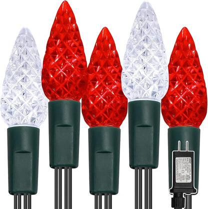 WATERGLIDE C6 Valentines Lights, 100 LED 33ft Faceted Fairy Lights Green Wire Christmas String Lights with Safe Adaptor, 8 Lighting Mode, Waterproof for Indoor Outdoor Patio Party Decor, White & Red
