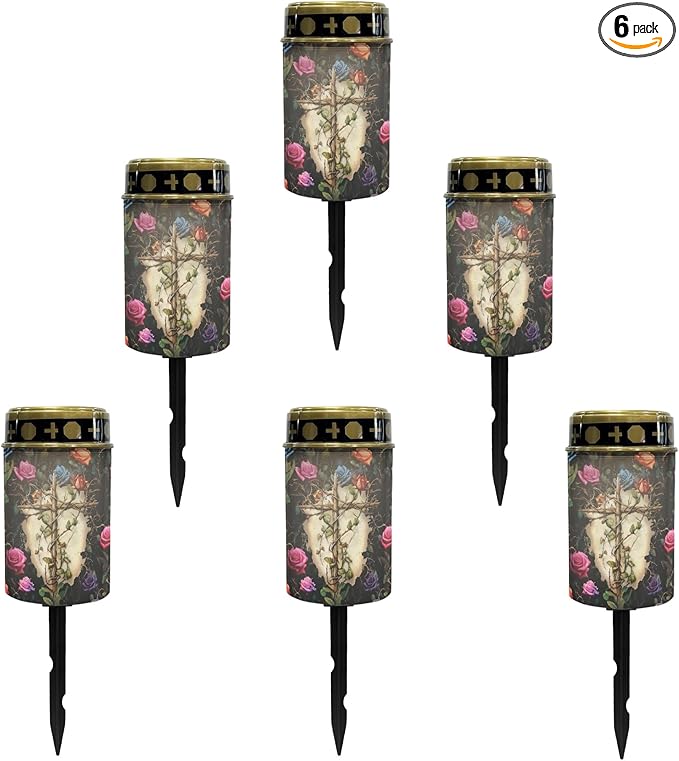 Cemetery Solar Lights for Grave,Cross-Watercolor Floral Solar Garden Stake Lights for Yard Patio Black Outdoor Solar Pathway Lights Waterproof Flameless Warm White LED Solar-Lantern