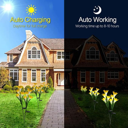 Outdoor Solar Lights, 2 Pack Solar Garden Lights with Lily Flowers, Waterproof Garden Light Outdoor - Yard Decorations for Patio Yard Decoration (Yellow)