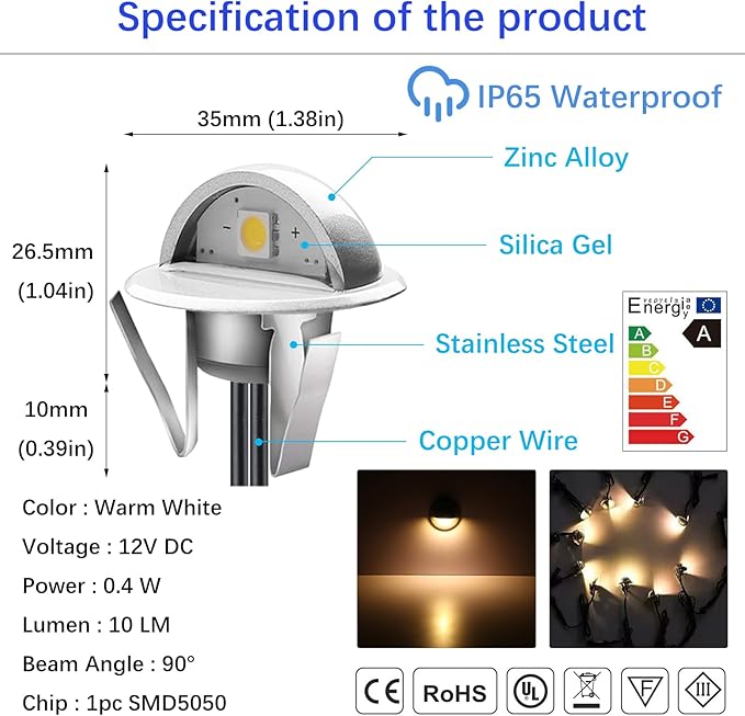 LED Outdoor Deck Lights Kits, Φ1.38in Warm White 20 Pack Silver, Low Voltage 12 Volt DC IP65 Waterproof, Electric Wired Recessed Stair Step Riser Mini Under Landscape Lighting for Yard Floor