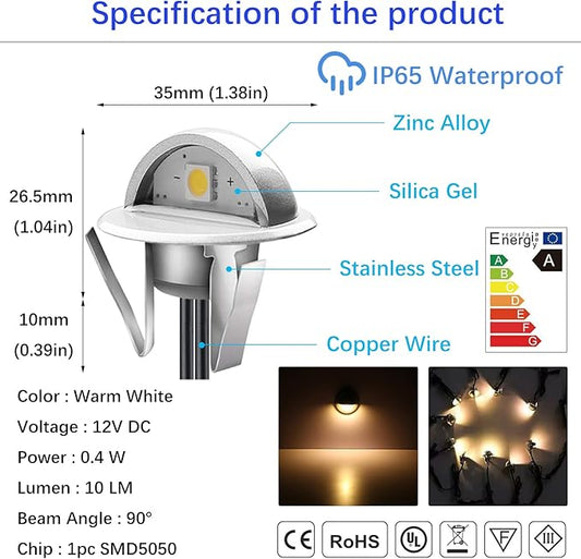 LED Outdoor Deck Lights Kits, Φ1.38in Warm White 20 Pack Silver, Low Voltage 12 Volt DC IP65 Waterproof, Electric Wired Recessed Stair Step Riser Mini Under Landscape Lighting for Yard Floor