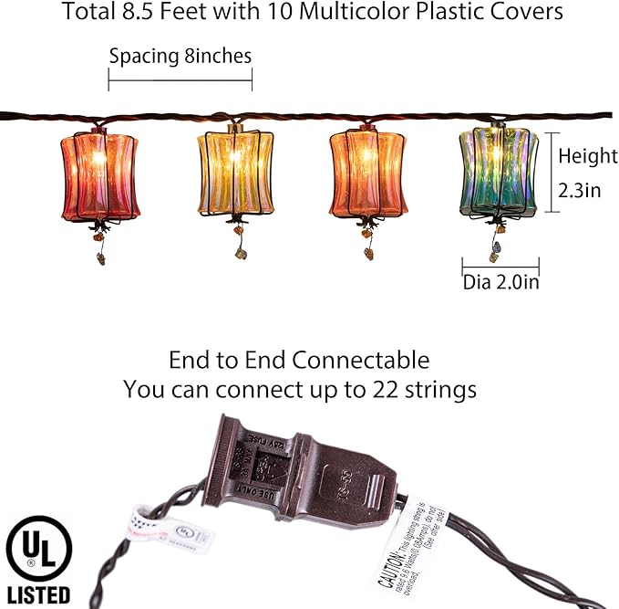Outdoor String Lights Plug in with 10 Incandescent Bulbs, Multicolor Patio Lights Connectable Weatherproof Decorative Lantern String Lights for Gazebo Porch Bedroom Cottagecore Decor (Prism)