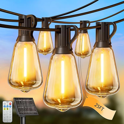 Solar String Lights Outdoor Waterproof with Remote & Timer, LED Shatterproof ST38 Bulbs, USB & Solar Powered Patio Lights for Backyard, Porch, Garden, Wedding, Christmas Decor (25FT)