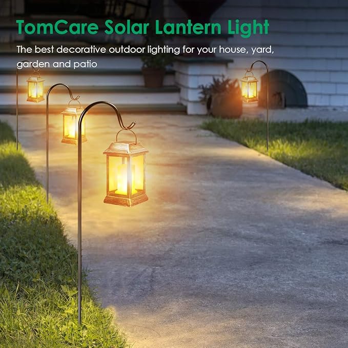 TomCare Solar Lights Metal Flickering Flame Solar Lantern Outdoor Hanging Lanterns Lighting Heavy Duty Solar Powered Waterproof LED Flame Lights for Outdoor Patio Garden, 2 Pack (Bronze)