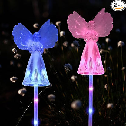 2 Pack Solar Angel Lights Outdoor, Solar Powered Color Changing Garden Stake Lights, Waterproof Memorial Decorative Lights for Cemetery Grave Yard Patio