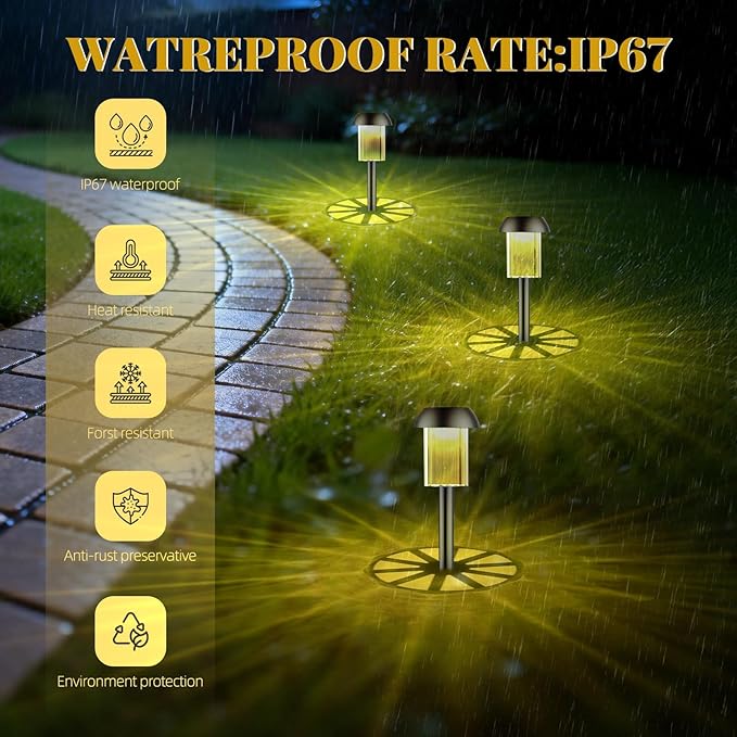 2 Pack Solar Pathway Lights Outdoor, New Upgraded Waterproof LED Lights, 3 Variants (Warm White/Golden/7-Color Slow Flash) with Unique Lamp Shade Patterns, for Garden (2-Pack Golden Light)