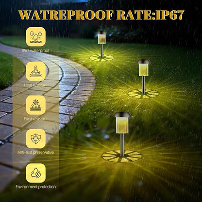 2 Pack Solar Pathway Lights Outdoor, New Upgraded Waterproof LED Lights, 3 Variants (Warm White/Golden/7-Color Slow Flash) with Unique Lamp Shade Patterns, for Garden (2-Pack Golden Light)