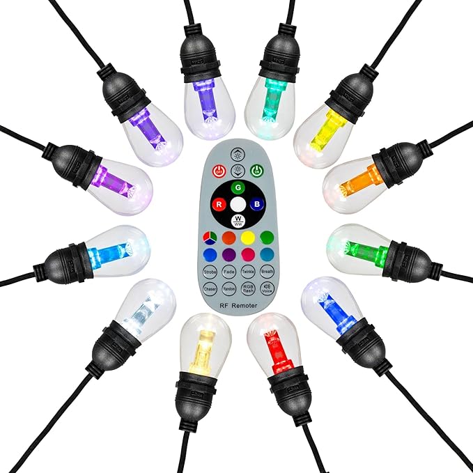 Novelty Lights Outdoor Color Changing LED S14 String Lights with Remote, 24 Feet RGB + Warm White & Cool White, 12 Shatter Resistant Bulbs on Black Wire
