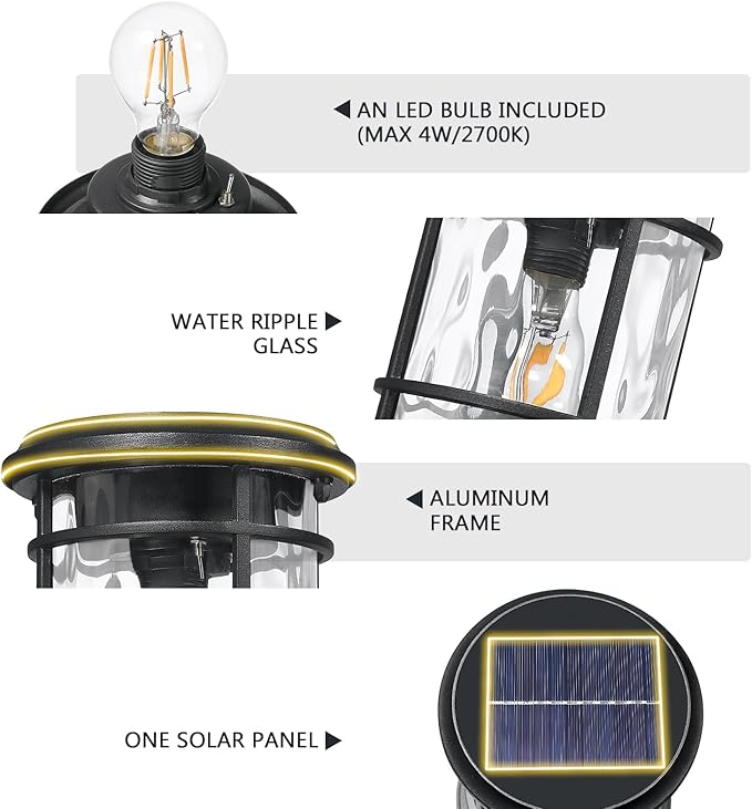 Emliviar Portable Solar Post Light Fixture with Fixed Pire Mount Base, Black 11“ Outside Solar - Outdoor Path Light | Lumora