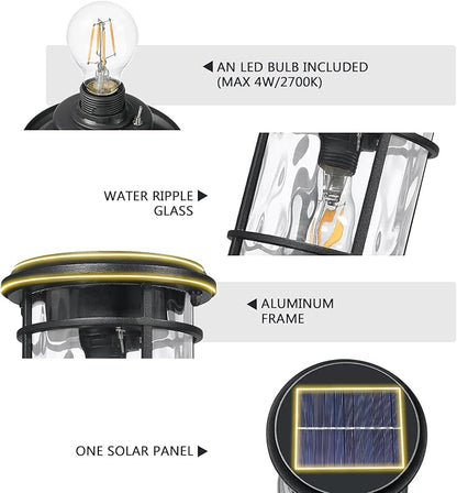 Emliviar Portable Solar Post Light Fixture with Fixed Pire Mount Base, Black 11“ Outside Solar Table Lamp with Remote Control, LED Post Lantern Head with Water Ripple Glass, XE229P-S-ML SL BK