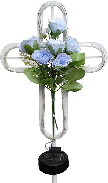 38 inch Cross Solar Light Outdoor Art Decoration - Metal and Blue Artificial Flower Craft Solar Light Stake- for Scenes Such as Garden Lawn Patio Patio Cemetery or Auditorium.