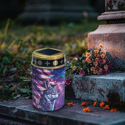 American Flag Wolf Galaxy Solar Garden Lights Solar Cemetery Solar Lights Outdoor Solar Garden Stake Lights for Cemetery Grave Yard Patio Decoration Memorial Gifts