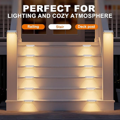 NIORSUN Solar Fence Lights Outdoor 8 Pack, IP65 Waterproof Large Size LED Solar Deck Lights with Lenses, Auto ON Off Warm White Step Lights for Outside, Patio, Fence, Yard and Railing Decor (White)