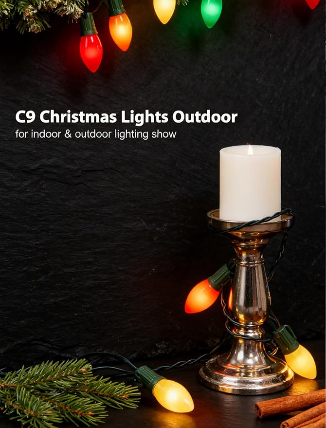 25Ft Vintage Christmas Lights C9 LED Red Green and White Outdoor String Lights with 26 C9 Bulbs (1 Spare) | Lumora