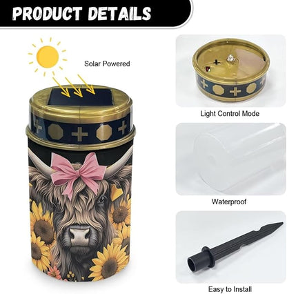 ZOUTAIRONG Solar Light for Cemetery Grave 2 Pack Solar Garden Lights Solar Memorial Lights for Graves Solar Pathway Lights Outdoor Cemetery Solar Lights for Grave Solar Lights Highland Cow
