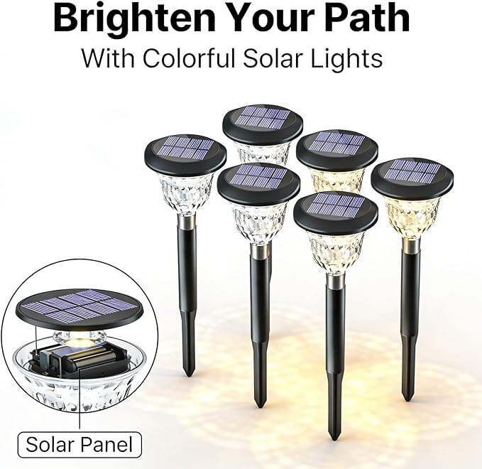 6 Pack Solar Pathway Lights Outdoor, Colorful and Warm White Light, Garden Yard Decorations - Automatic Solar Charging, IP65, Ideal for Backyard Walkway and