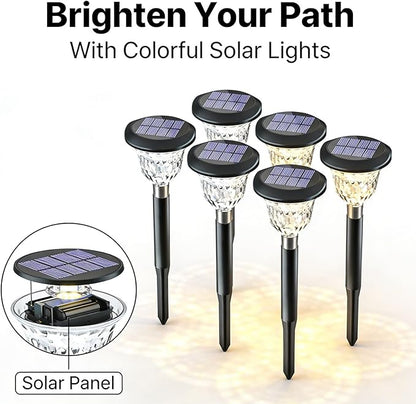 6 Pack Solar Pathway Lights Outdoor, Colorful and Warm White Light, Garden Yard Decorations - Automatic Solar Charging, IP65, Ideal for Backyard Walkway and