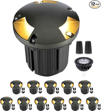 Gardenreet Solid Brass Well Light - 12V Low Voltage All Weather In-Ground LED Landscape Lighting, Replaceable Bulb Fixture, Antique Bronze for Patio Backyard Pathway with 2700K Warm White MR16 Bulb