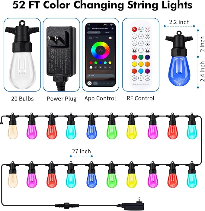 Outdoor String Lights Waterproof Patio Light 52FT 20 RGBW Dimmable LED Bulbs, Shatterproof Outside Hanging Color Changing Lights for Backyard Party Garden Porch Balcony (52FT)
