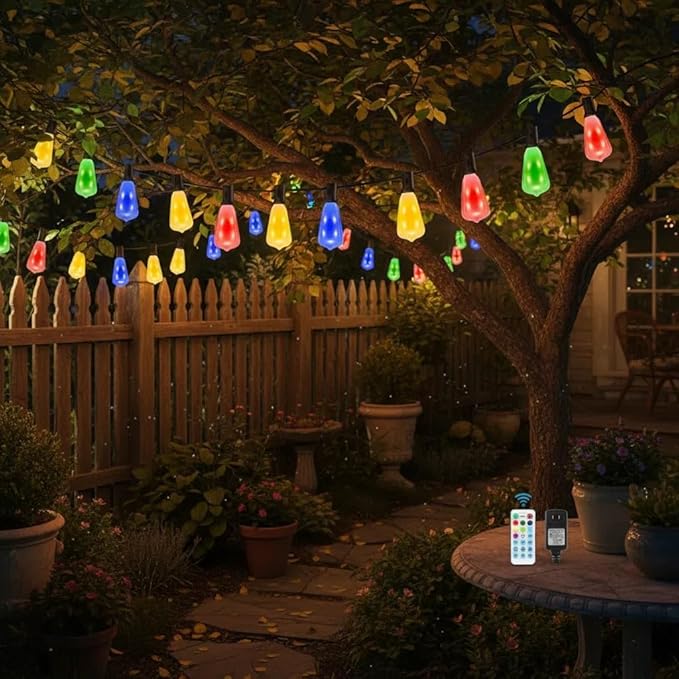 60FT Dimmable RGB Color-Changing Outdoor String Lights, 30 Shatterproof Bulbs Patio Lights with Remote Control, Perfect for Yard, Gazebo, Party, Wedding Decoration
