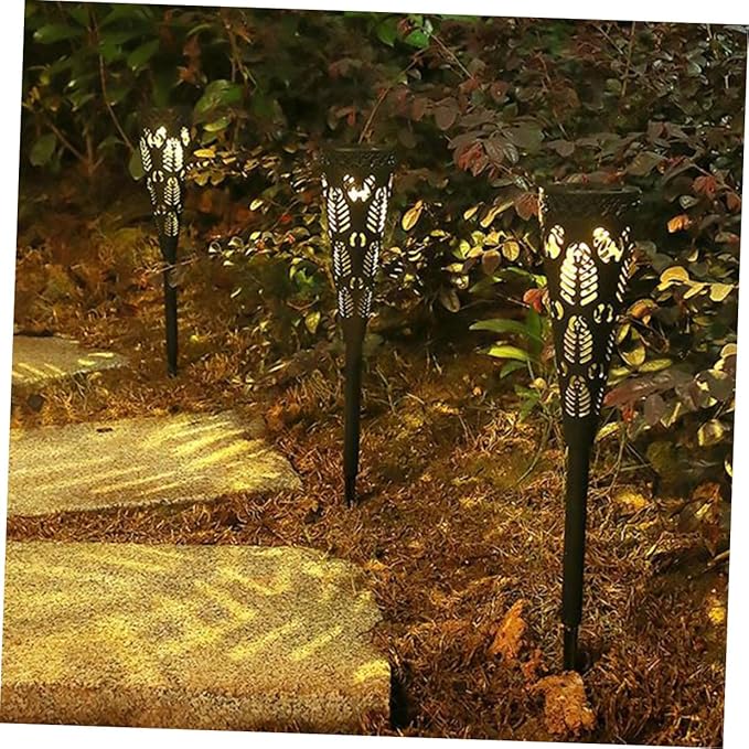 4pcs Solar Path Lights Outdoor LED Garden Decorative Solar Pathway Lights Waterproof for Patio Lawn Landscape with Warm Hollow Plastic Design
