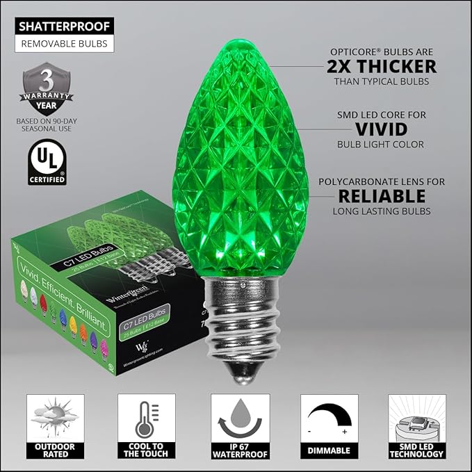 Wintergreen Lighting Set of 50 C7 OptiCore Green Outdoor Christmas Lights - Commercial Grade LEDs for Outside, St. | Lumora