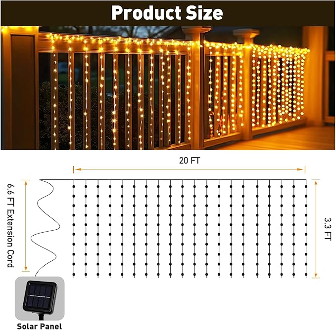 Curtain Lights for Stair Railing, 300 LED 20Ft x 3Ft Solar Powered Outdoor String Lights, Warm White Tangle-Free Decorative Light with 8 Modes for Stairs, Balcony, Fences, Eaves, Porch Décor