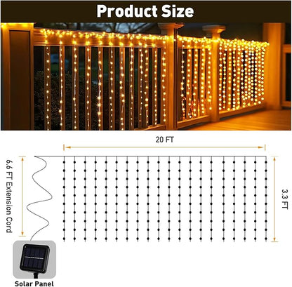 Curtain Lights for Stair Railing, 300 LED 20Ft x 3Ft Solar Powered Outdoor String Lights, Warm White Tangle-Free Decorative Light with 8 Modes for Stairs, Balcony, Fences, Eaves, Porch Décor