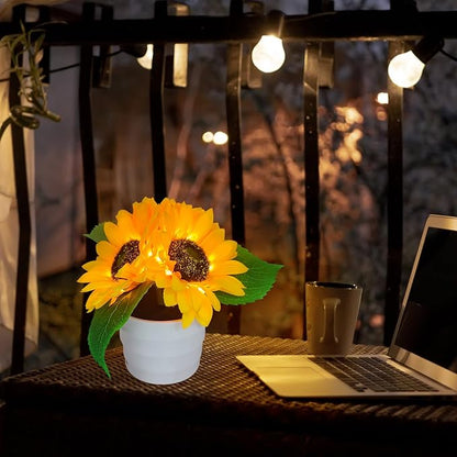 Solar Sunflower Bonsai Lamp, LED Artificial Flower Lamp Sunflower Solar Lights Outdoor Waterproof, Flower with Vase Garden Decor Table Light for Back Yard Decorations